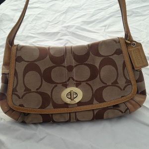 Coach Signature Khaki/Mustard Yellow Trim Hobo Bag